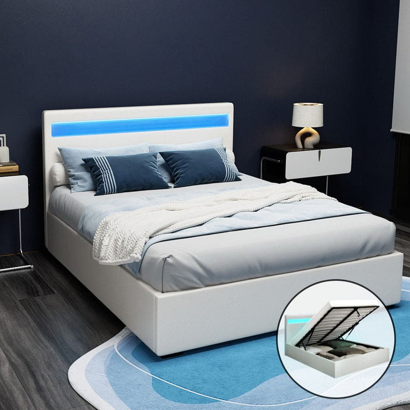 Artiss Bed Frame Double Size LED Gas Lift White COLE