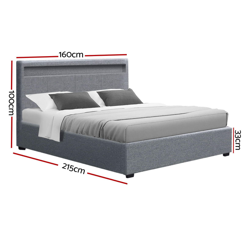 Artiss Bed Frame Queen Size LED Gas Lift Grey COLE