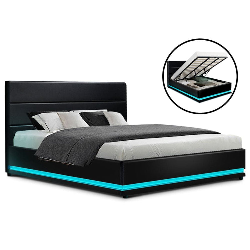 Artiss Bed Frame King Size LED Gas Lift Black LUMI