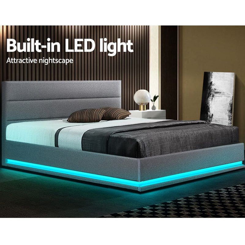 Artiss Bed Frame Queen Size LED Gas Lift Grey LUMI