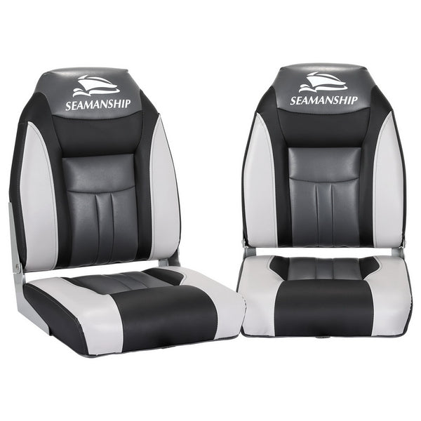 Seamanship 2X Folding Boat Seats Marine Seat Swivel High Back 12cm Padding Black