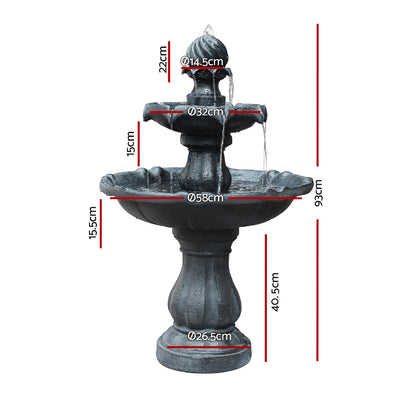 Gardeon Solar Water Feature 3-Tier Fountain with Pump Kit Bird Bath 93CM Black