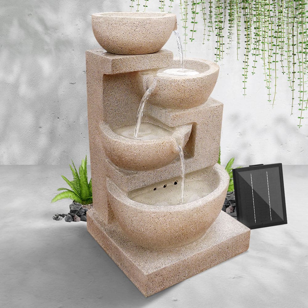 Gardeon Solar Water Feature Cascading Fountain 4-Tier Bowl LED Lights 72CM Sand