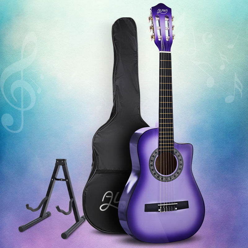 Alpha 34 Inch Classical Guitar Wooden Body Nylon String w/ Stand Beignner Purple