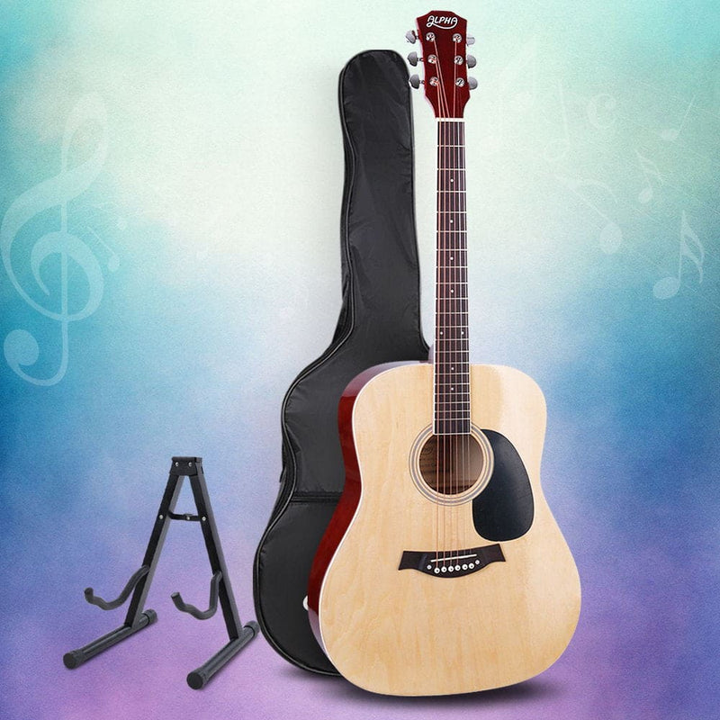 Alpha 41 Inch Acoustic Guitar Wooden Body Steel String Dreadnought Stand Wood