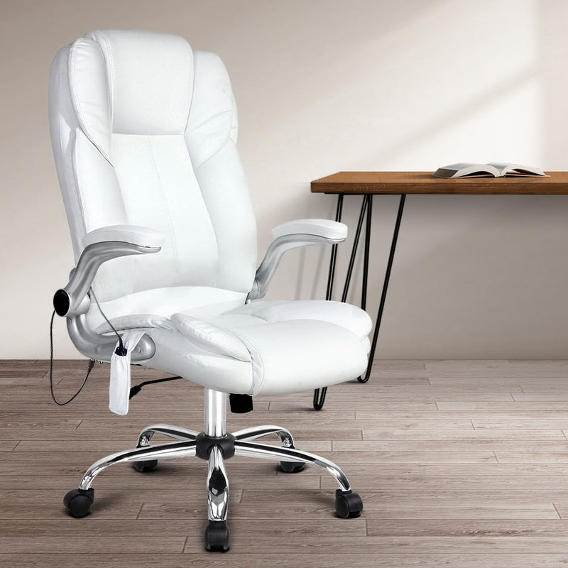 Artiss 8 Point Massage Office Chair PU Leather White