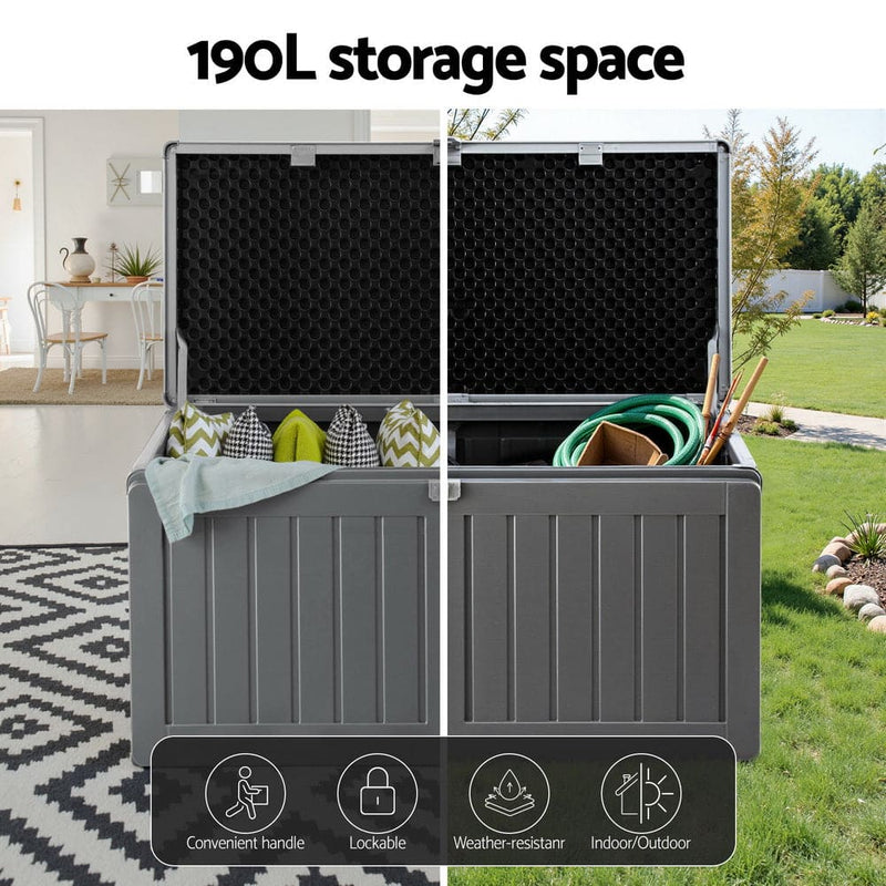 Gardeon Outdoor Storage Box 190L Container Lockable Garden Bench Tool Shed Black