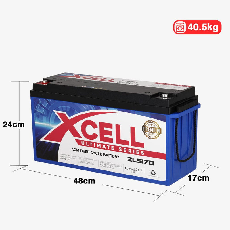 X-Cell 170Ah AGM Battery Deep Cycle 12v Marine Solar Camping Volt Glass 4WD SLA