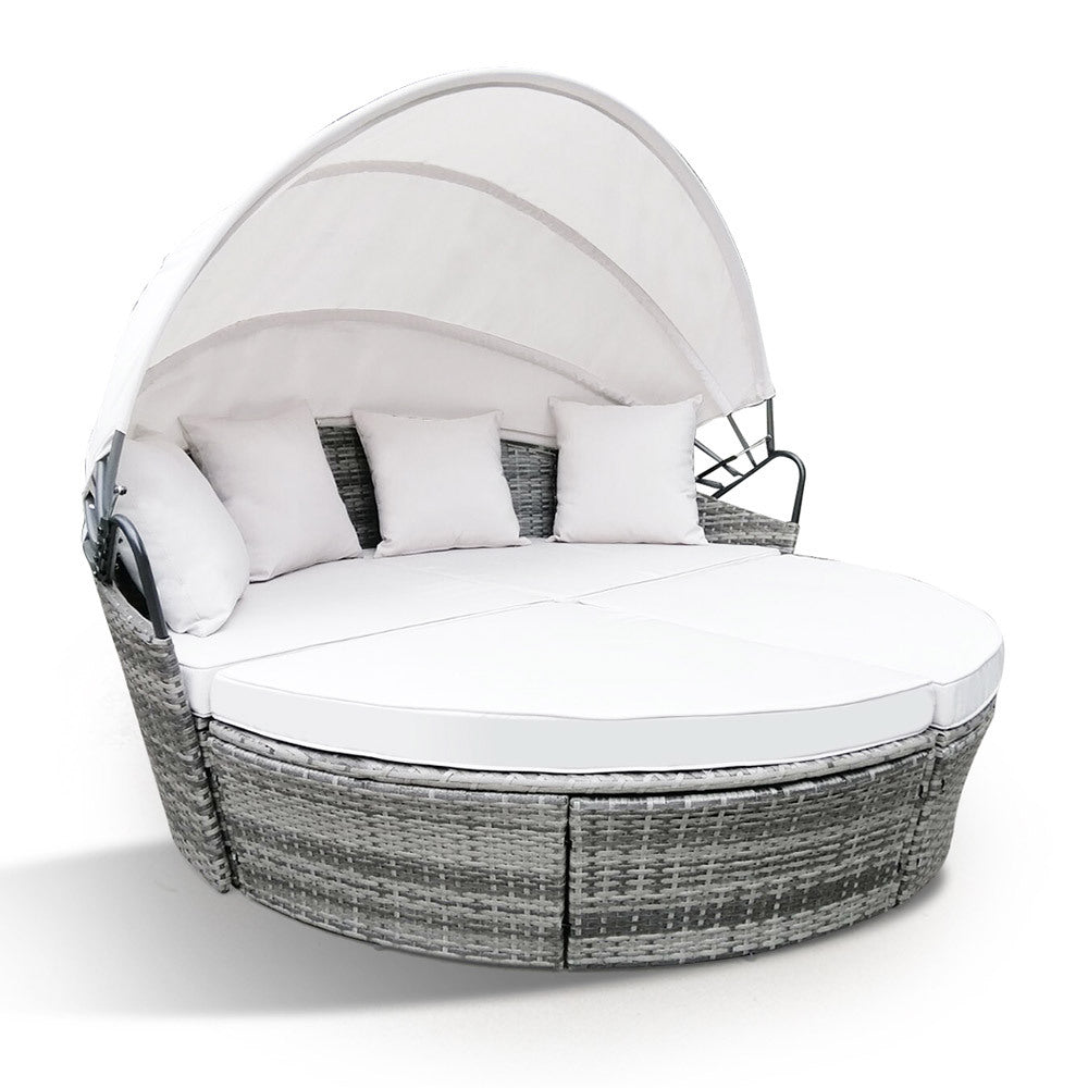 LONDON RATTAN 3PC Outdoor Daybed Patio Rattan Sofa Sun Lounge Furniture Grey Wicker Off White Canopy