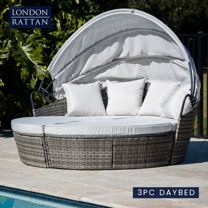 LONDON RATTAN 3PC Outdoor Daybed Patio Rattan Sofa Sun Lounge Furniture Grey Wicker Off White Canopy