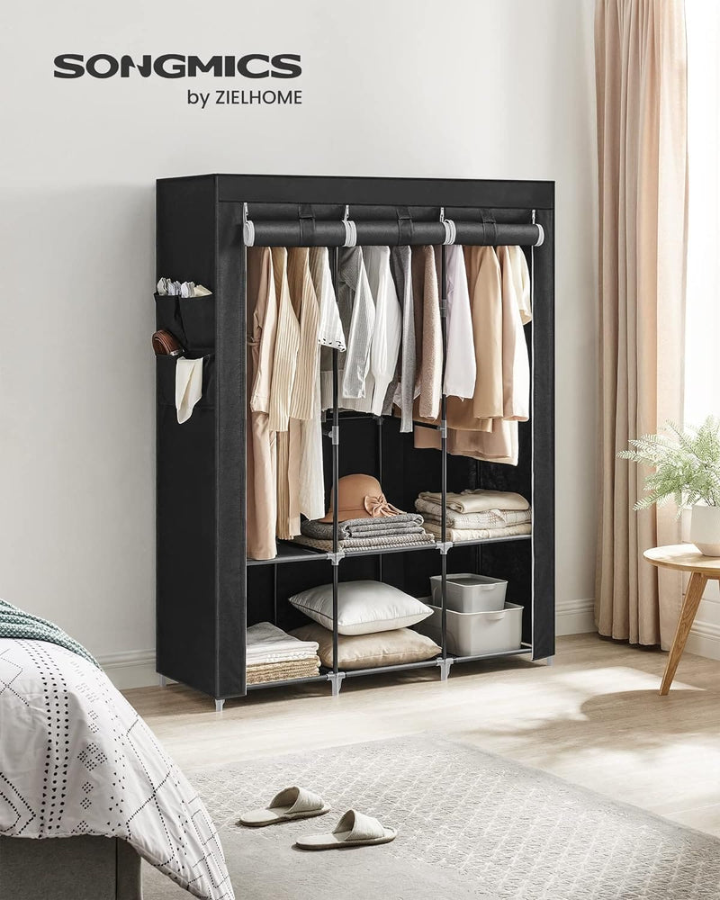 SONGMICS Clothes Wardrobe Portable Closet with Cover and 3 Hanging Rails Black