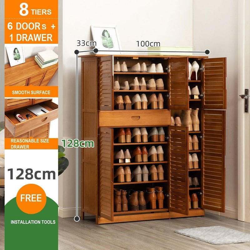 10 Tier Bamboo Large Capacity Storage Shelf Shoe Rack Cabinet 6 Doors with 1 Drawer Natural