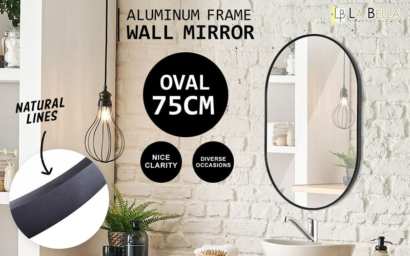 Wall Mirror Oval Aluminum Frame Bathroom 50x75cm BLACK