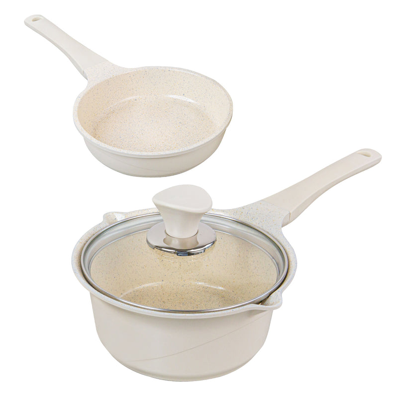 Sauce Pot Frying Pan w/ a Lid Set Non-Stick Stone Induction IH Frypan 16cm IVORY