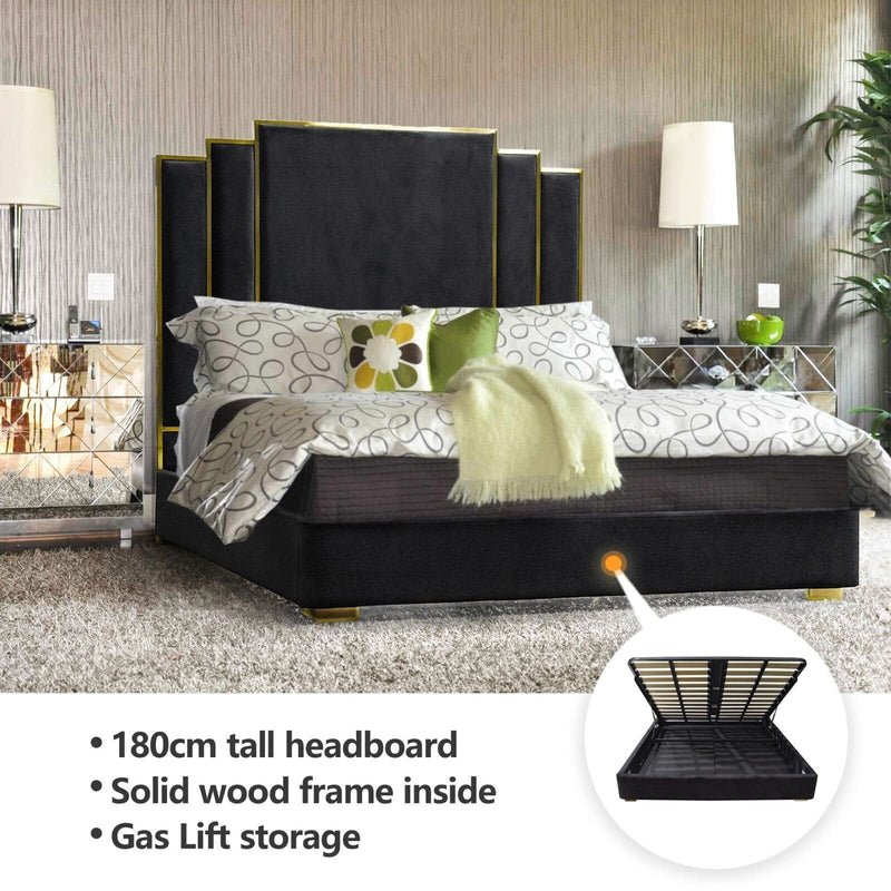 ALPHA KING Black Velvet Gas Lift Storage Bedframe Golden Frame