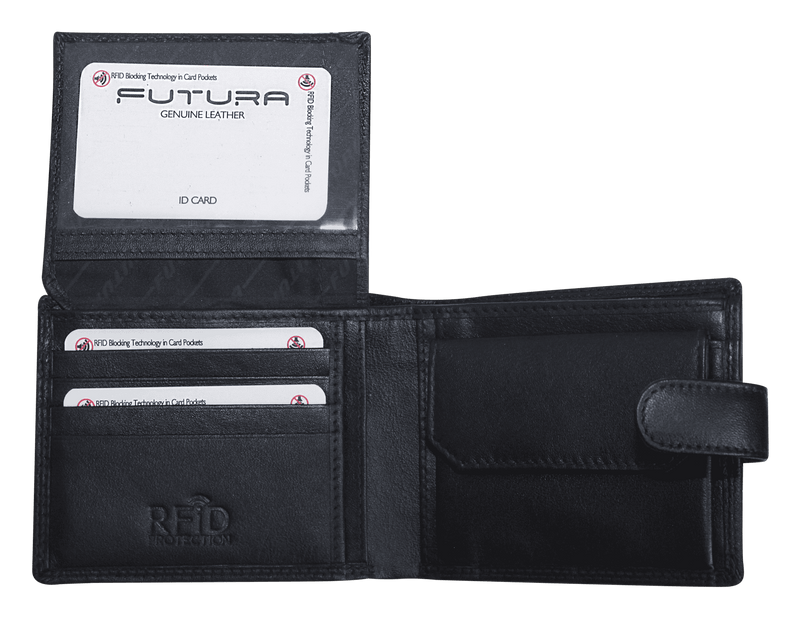 Futura Mens RFID Leather Coin Fold Over Wallet - Black