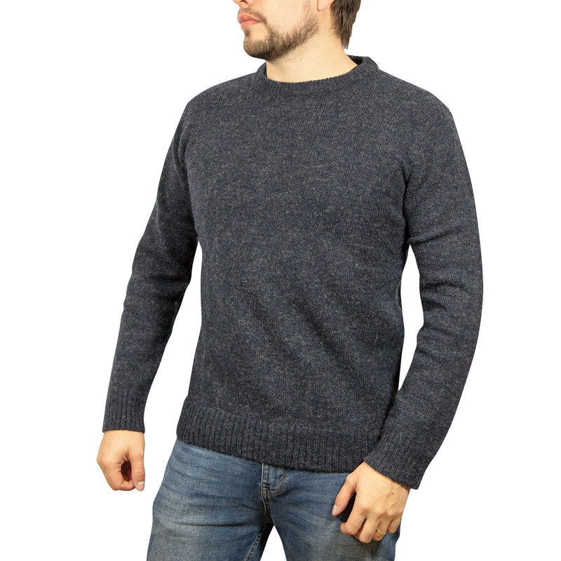 100% SHETLAND WOOL CREW Round Neck Knit JUMPER Pullover Mens Sweater Knitted - Navy (45) - S