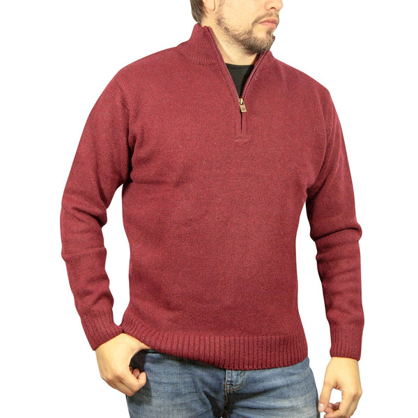 100% SHETLAND WOOL Half Zip Up Knit JUMPER Pullover Mens Sweater Knitted - Burgundy (97) - S