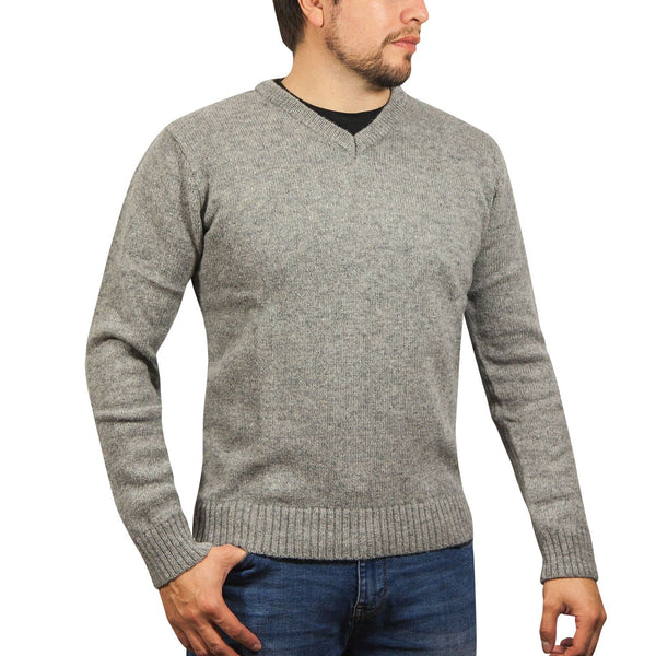 100% Shetland Wool V Neck Knit Jumper Pullover Mens Sweater Knitted - Grey (21) - L