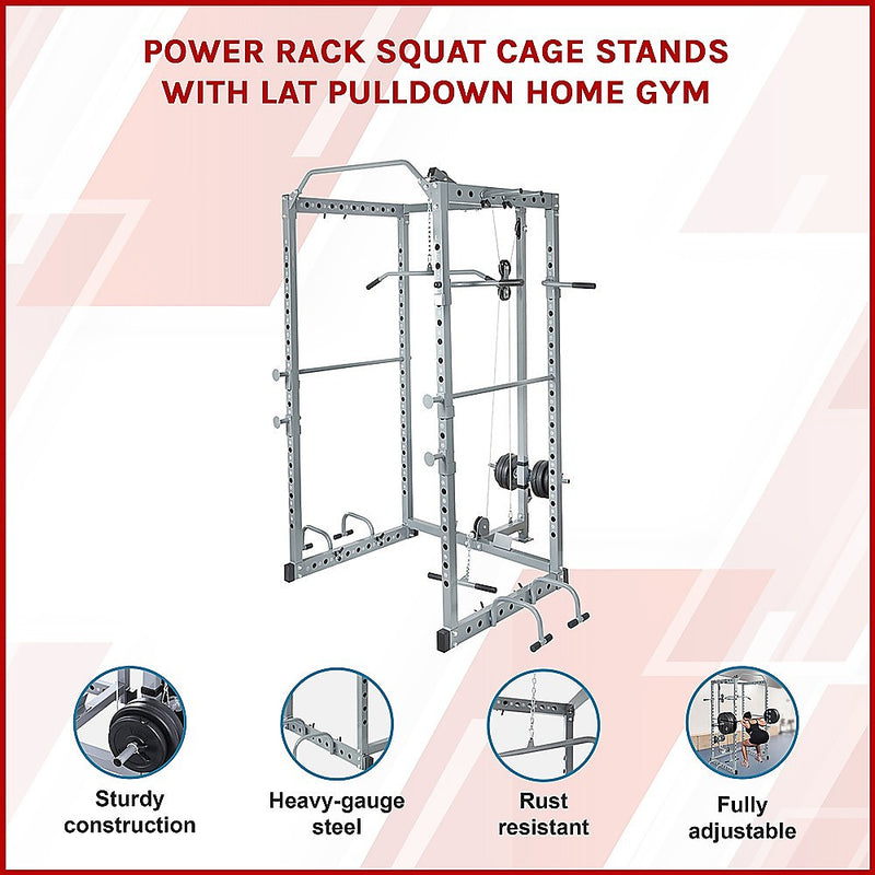 Power Rack Squat Cage Stands w Lat Pulldown Home Gym