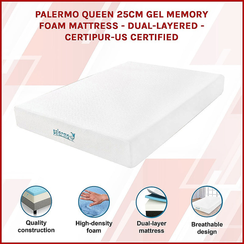 Palermo Queen 25cm Gel Memory Foam Mattress  - Dual-Layered  - CertiPUR-US Certified