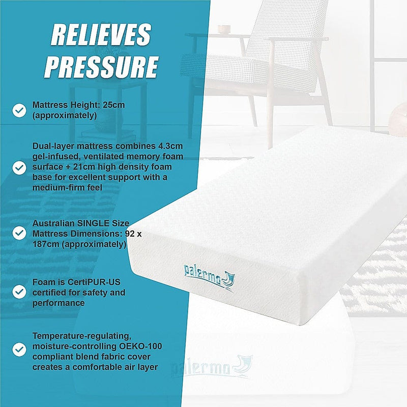 Palermo Single 25cm Gel Memory Foam Mattress - Dual-Layered - CertiPUR-US Certified