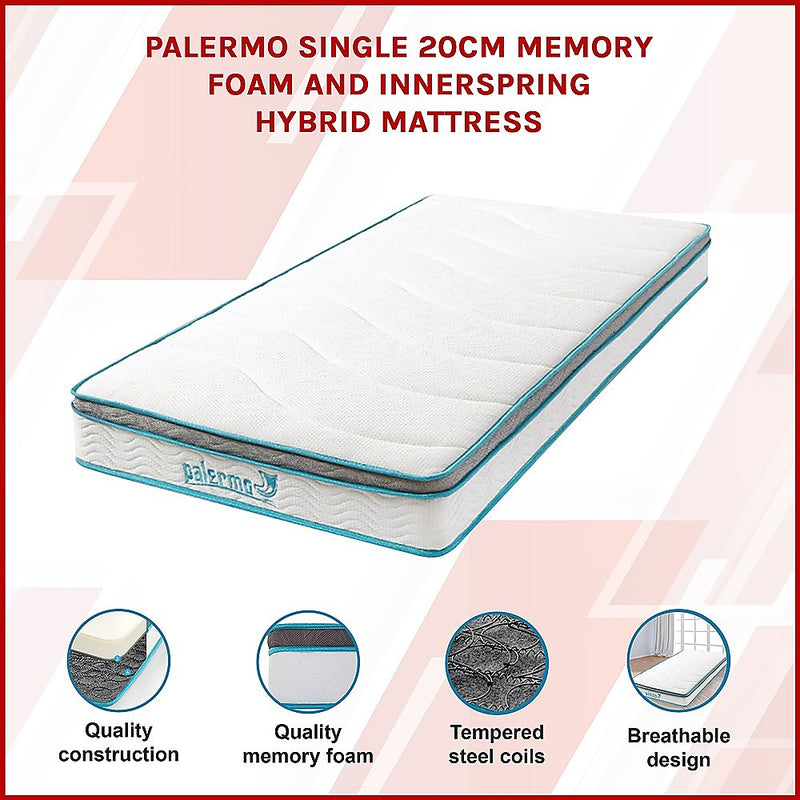 Palermo Single 20cm Memory Foam and Innerspring Hybrid Mattress