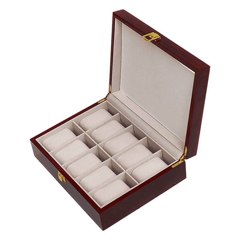 10 Grids Wooden Watch Case Glass Jewellery Storage Holder Box Wood Display