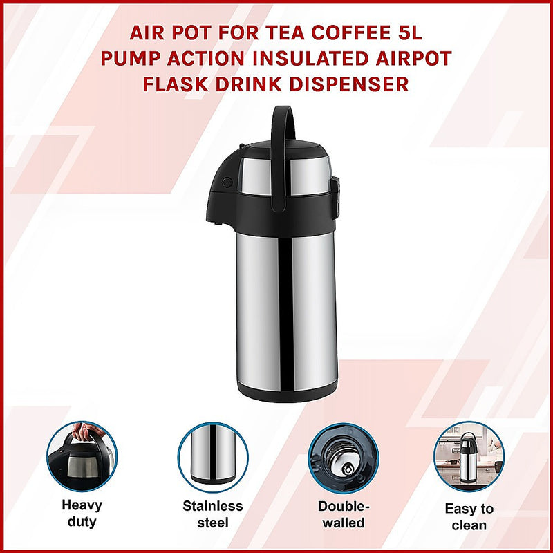 Air Pot for Tea Coffee 5L Pump Action Insulated Airpot Flask Drink Dispenser