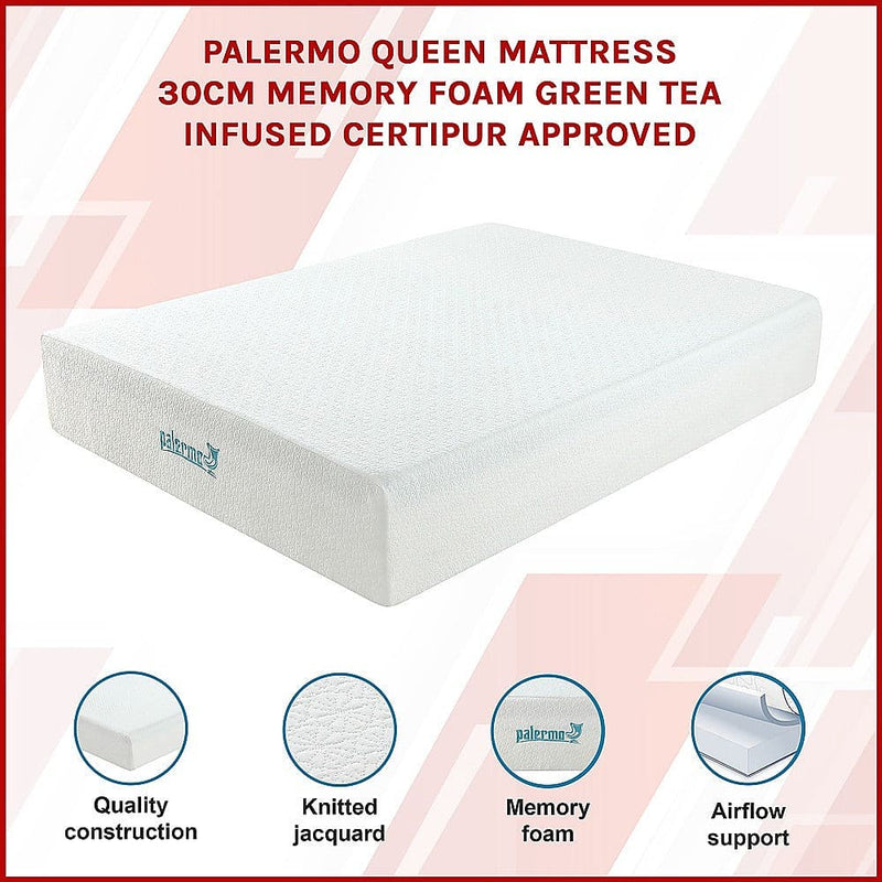 Palermo Queen Mattress 30cm Memory Foam Green Tea Infused CertiPUR Approved