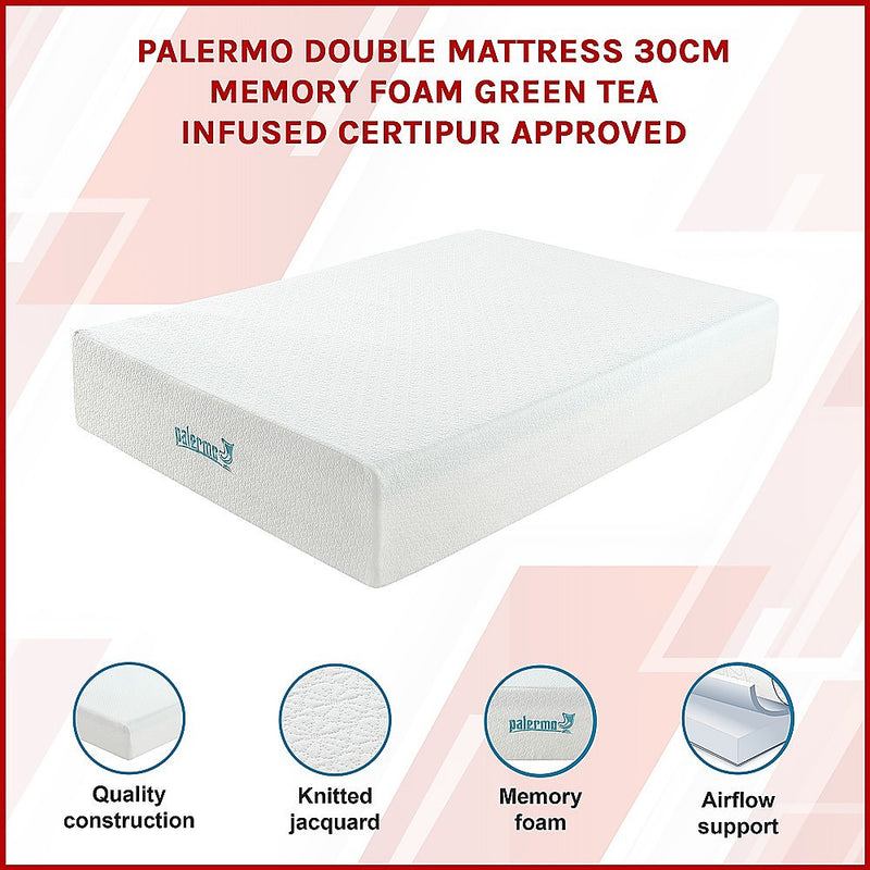 Palermo Double Mattress 30cm Memory Foam Green Tea Infused CertiPUR Approved