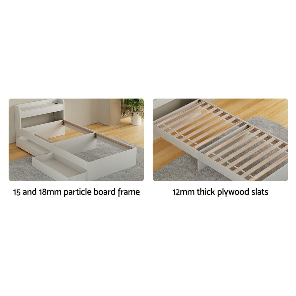 Artiss Bed Frame Single Size Mattress Base wtih Charging Ports 2 Storage Drawers