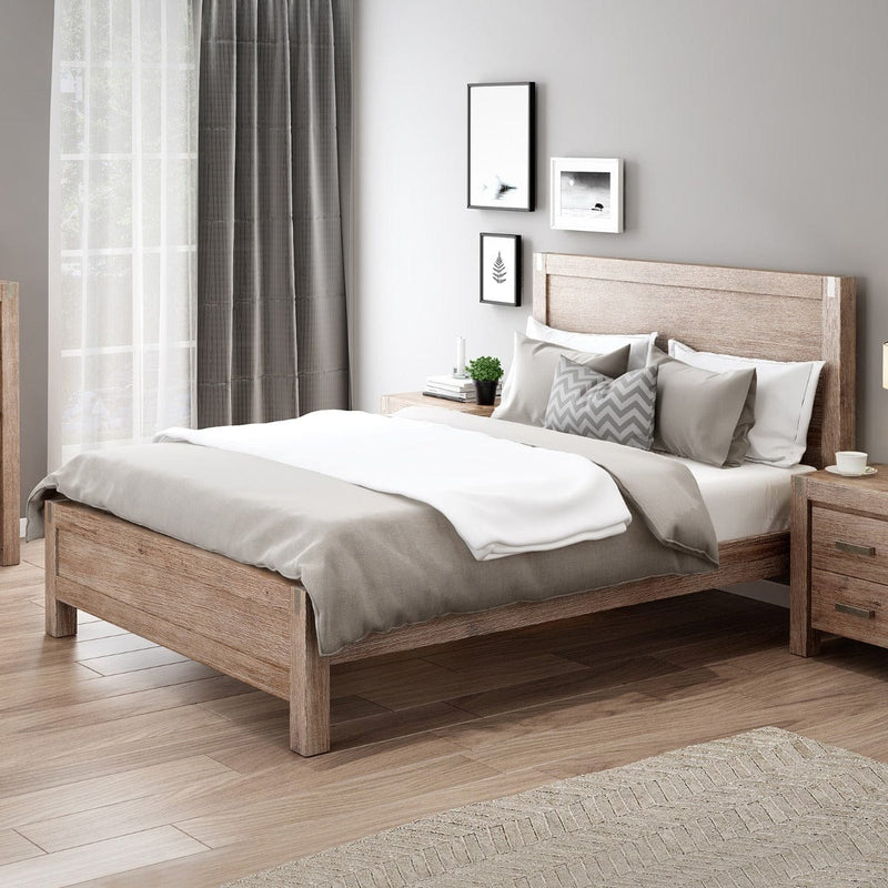 Bed Frame Double Size in Solid Wood Veneered Acacia Bedroom Timber Slat in Oak