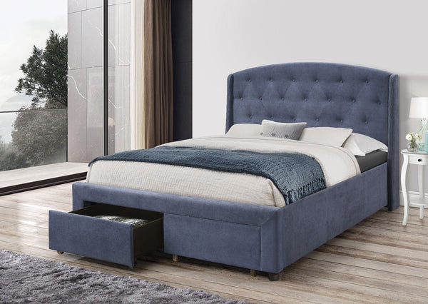 Queen Size Storage Bed Frame Upholtery Navy Blue Fabric with 2 Drawers