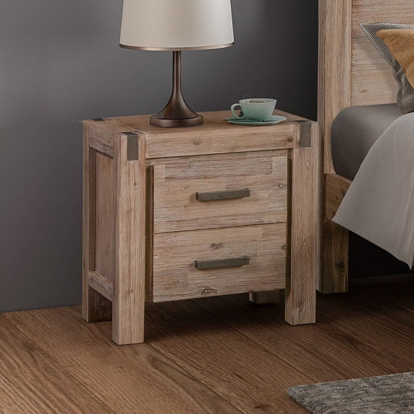 Bedside Table 2 drawers Night Stand in Solid Acacia Wood Oak Colour