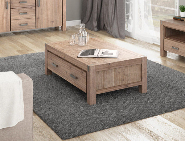 Coffee Table Solid Acacia Wood & Veneer 1 Drawers Storage Oak Colour