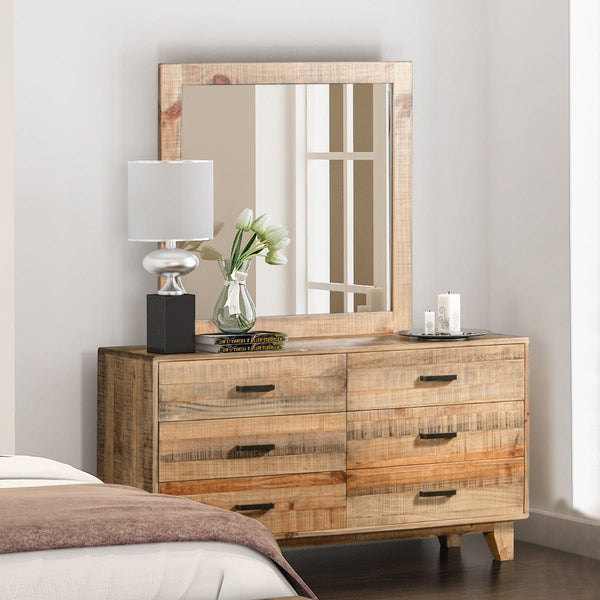 Dresser with 6 Storage Drawers in Solid Acacia With Mirror in Vintage Light Brown Colour