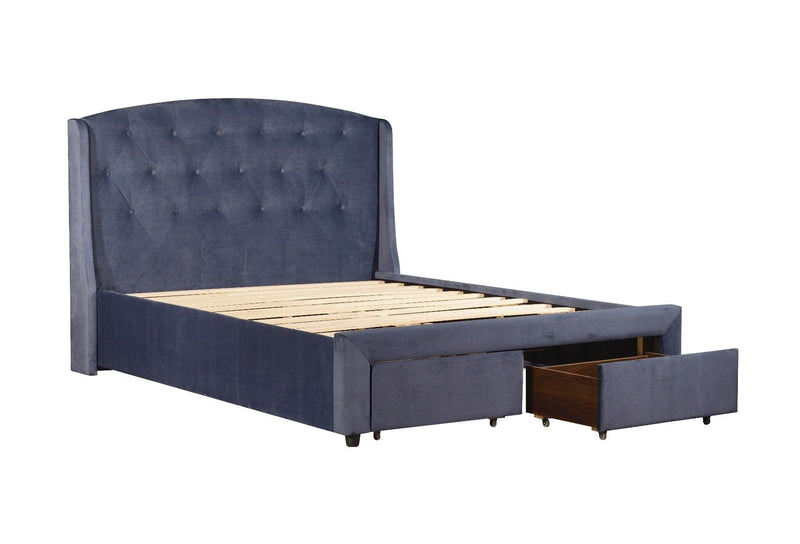 Queen Size Storage Bed Frame Upholtery Navy Blue Fabric with 2 Drawers