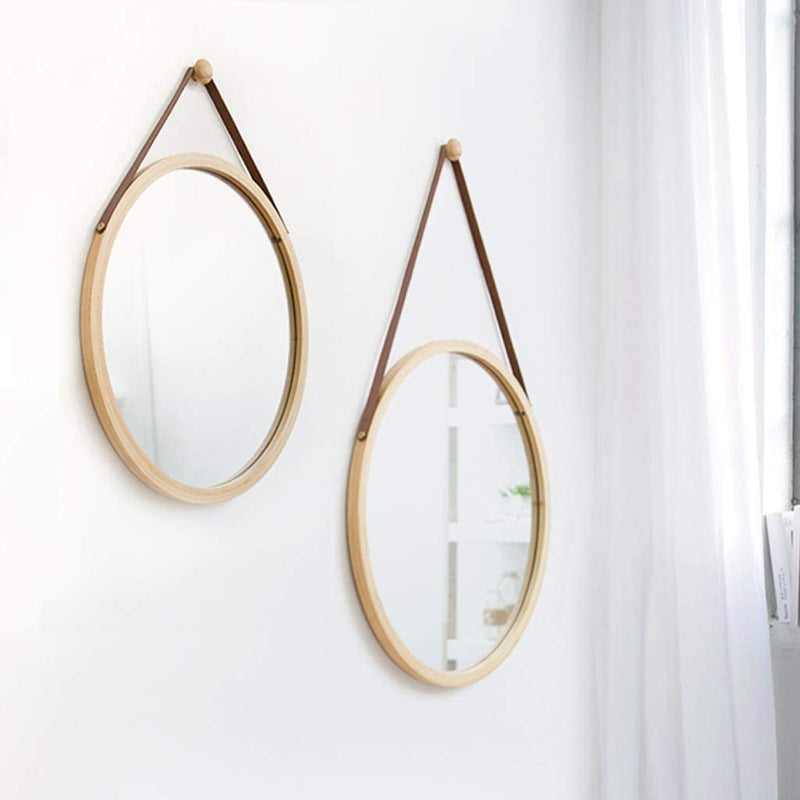 Hanging Round Wall Mirror 38 cm - Solid Bamboo Frame and Adjustable Leather Strap for Bathroom and Bedroom