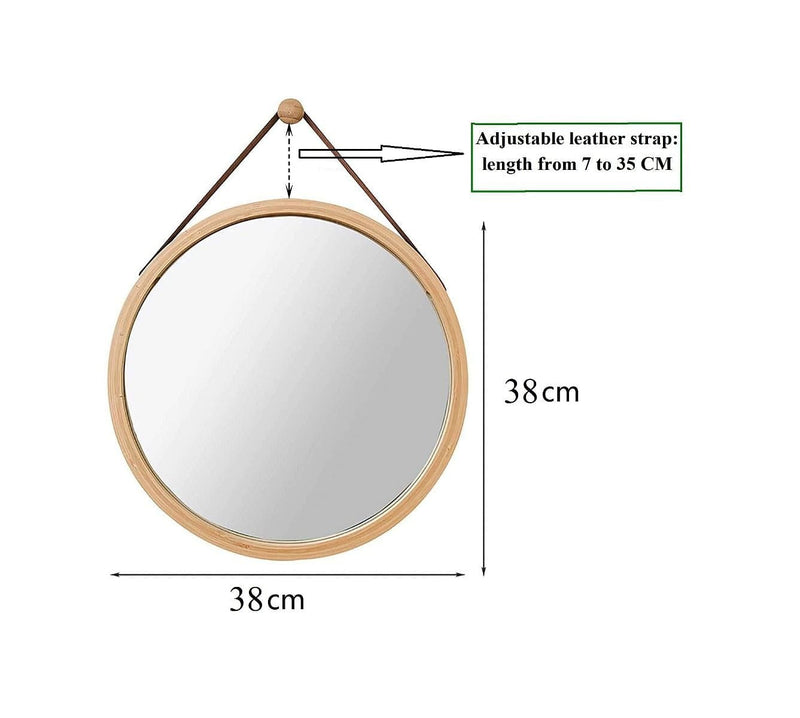 Hanging Round Wall Mirror 38 cm - Solid Bamboo Frame and Adjustable Leather Strap for Bathroom and Bedroom