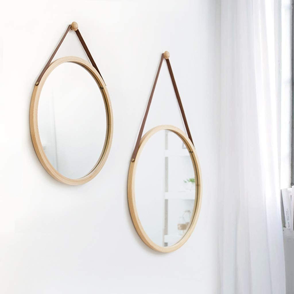 Hanging Round Wall Mirror 45 cm - Solid Bamboo Frame and Adjustable Leather Strap for Bathroom and Bedroom