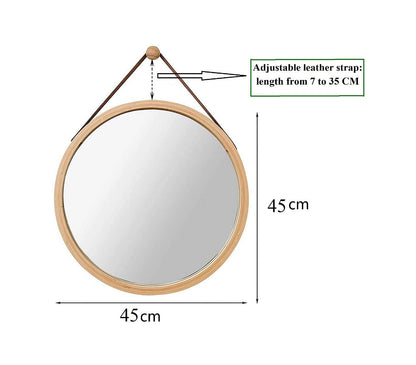 Hanging Round Wall Mirror 45 cm - Solid Bamboo Frame and Adjustable Leather Strap for Bathroom and Bedroom