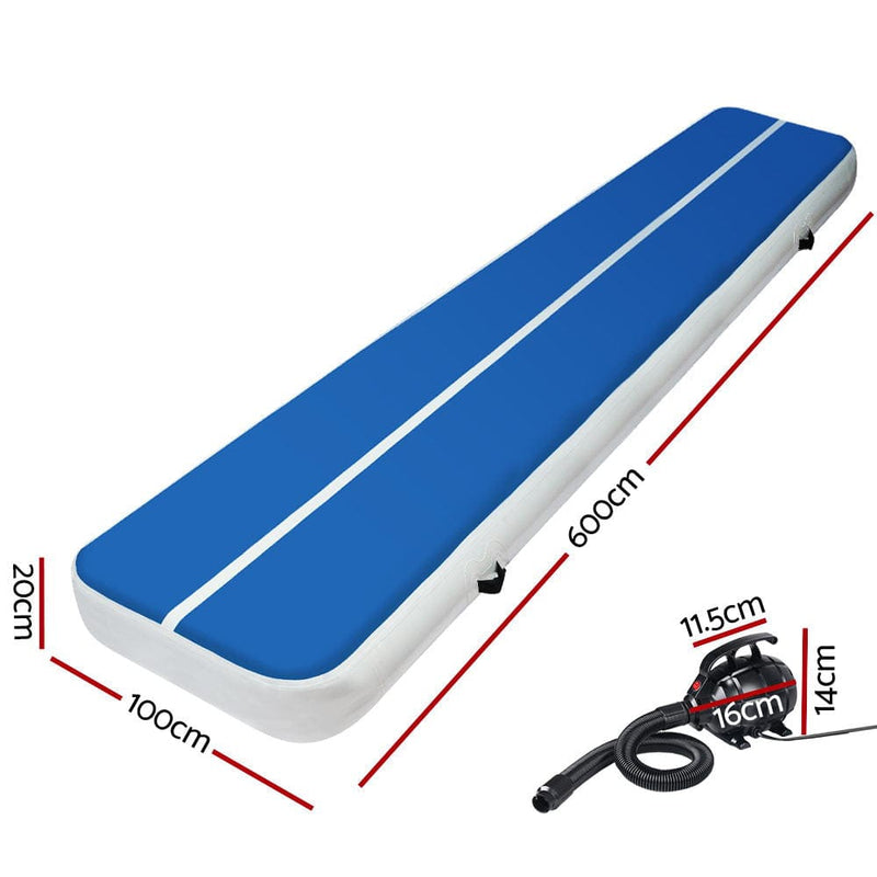 Everfit 6X1M Inflatable Air Track Mat 20CM Thick with Pump Tumbling Gymnastics Blue