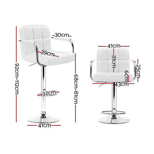 Artiss 2x Bar Stools Leather Gas Lift w/Armrest White