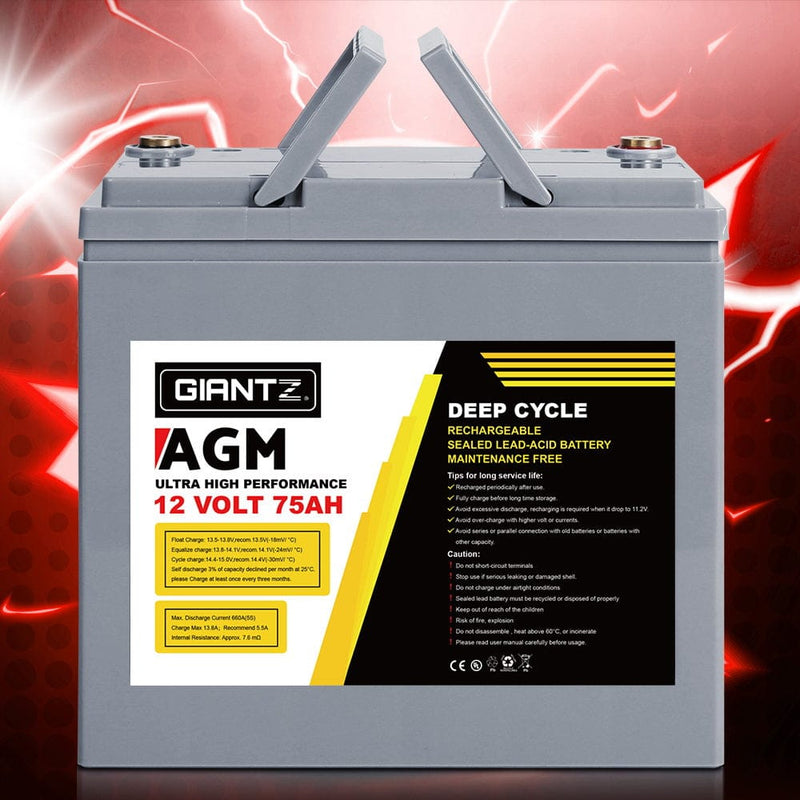 Giantz AGM Deep Cycle Battery 12V 75Ah Box Portable Solar Caravan Camping