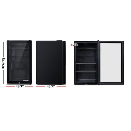 Devanti 98L Bar Fridge Glass Door Mini Fridges Freezer Black