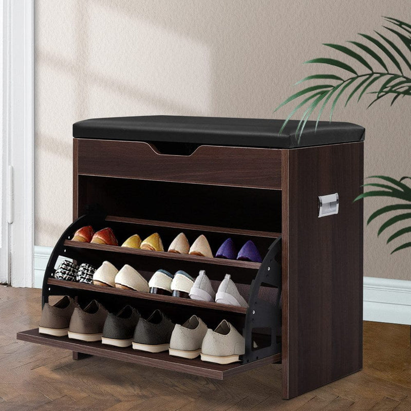 Artiss Shoe Cabinet Bench Shoes Organiser Storage Rack Wooden Cupboard 15 Pairs