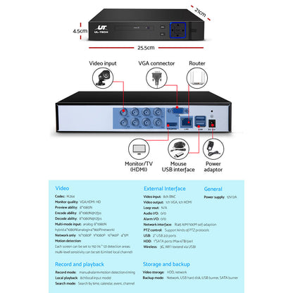 UL-tech CCTV Security System 8CH DVR 4 Cameras 1TB Hard Drive