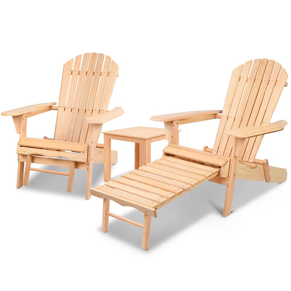 Gardeon 3PC Adirondack Outdoor Table and Chairs? Wooden Sun Lounge Beach Patio Natural