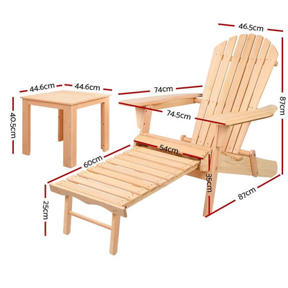 Gardeon 3PC Adirondack Outdoor Table and Chairs? Wooden Sun Lounge Beach Patio Natural